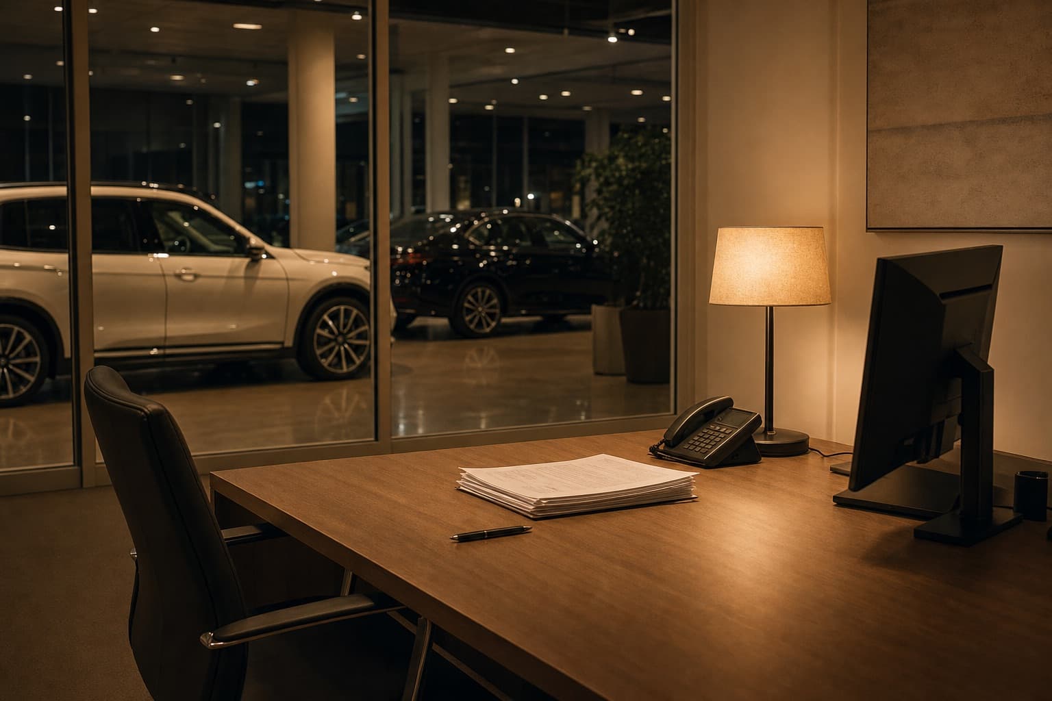 An empty F&I office at night, paperwork on the desk under a brass lamp