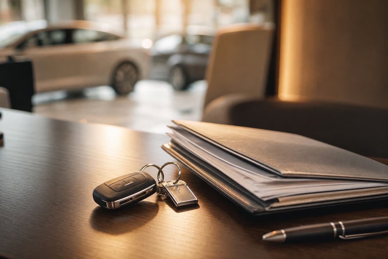 New car keys resting on a signed deal folder at a dealership desk in warm daylight
